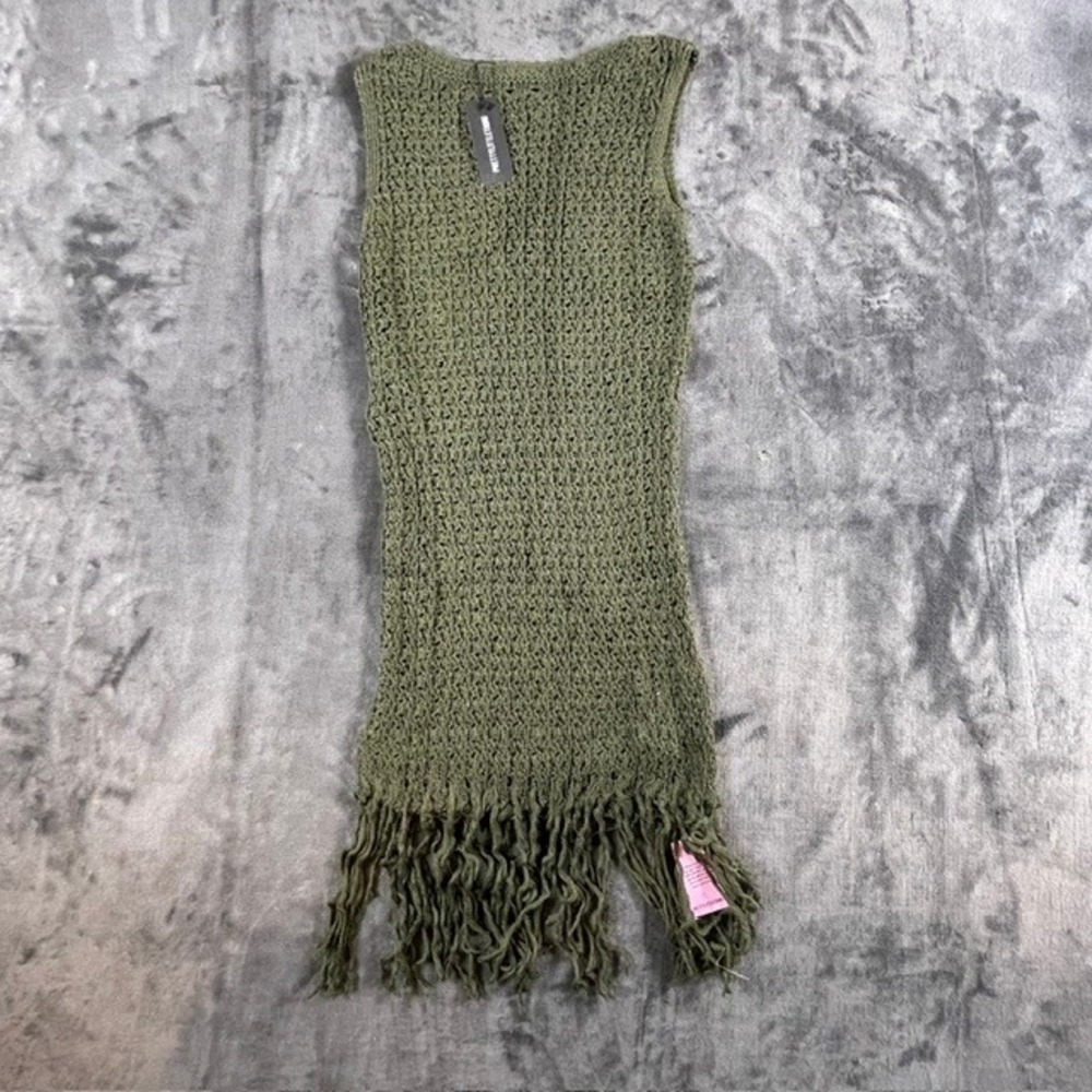 PrettyLittleThing Olive Crochet Boat Neck Tassel Mini Dress Green Small NWT